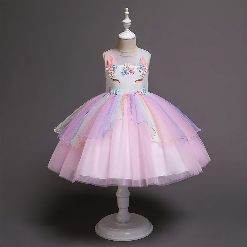 Hot Sale European & American Girl Children's Celebration Party Dress Girl's Wedding Evenings Dress Unicorn Mesh Rainbow Fluffy Princess Girl Long Skirt Daughters Classmates Friends Gift Clothing