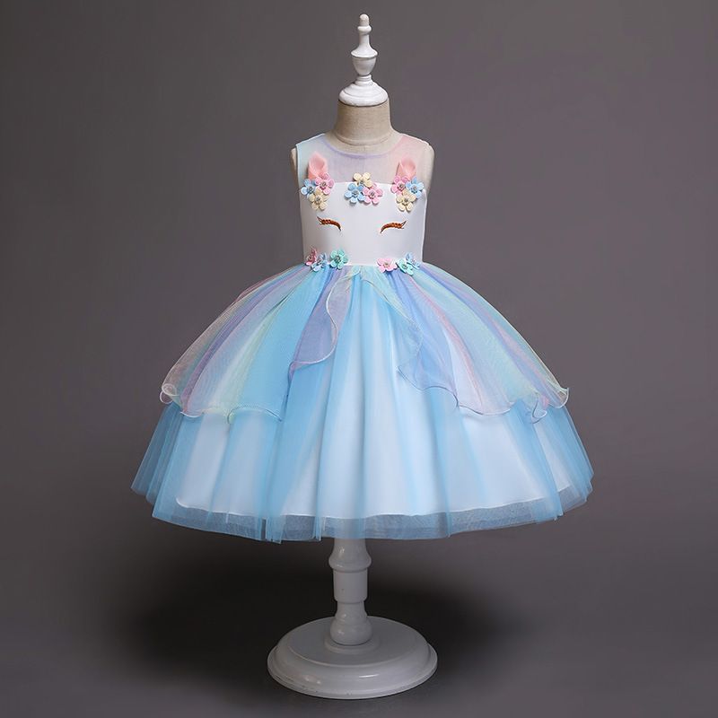Hot Sale European & American Girl Children's Celebration Party Dress Girl's Wedding Evenings Dress Unicorn Mesh Rainbow Fluffy Princess Girl Long Skirt Daughters Classmates Friends Gift Clothing