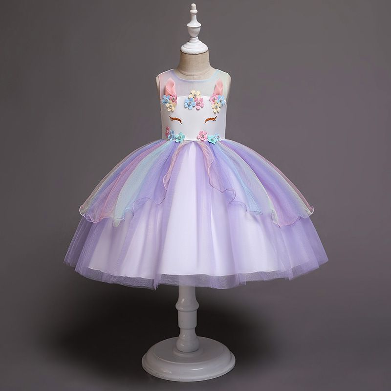 Hot Sale European & American Girl Children's Celebration Party Dress Girl's Wedding Evenings Dress Unicorn Mesh Rainbow Fluffy Princess Girl Long Skirt Daughters Classmates Friends Gift Clothing