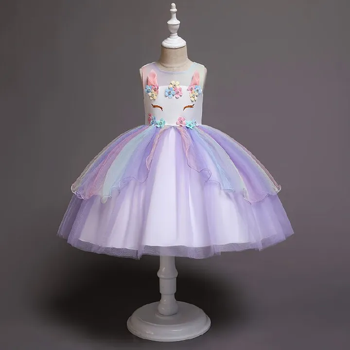 Hot Sale European & American Girl Children's Celebration Party Dress Girl's Wedding Evenings Dress Unicorn Mesh Rainbow Fluffy Princess Girl Long Skirt Daughters Classmates Friends Gift Clothing