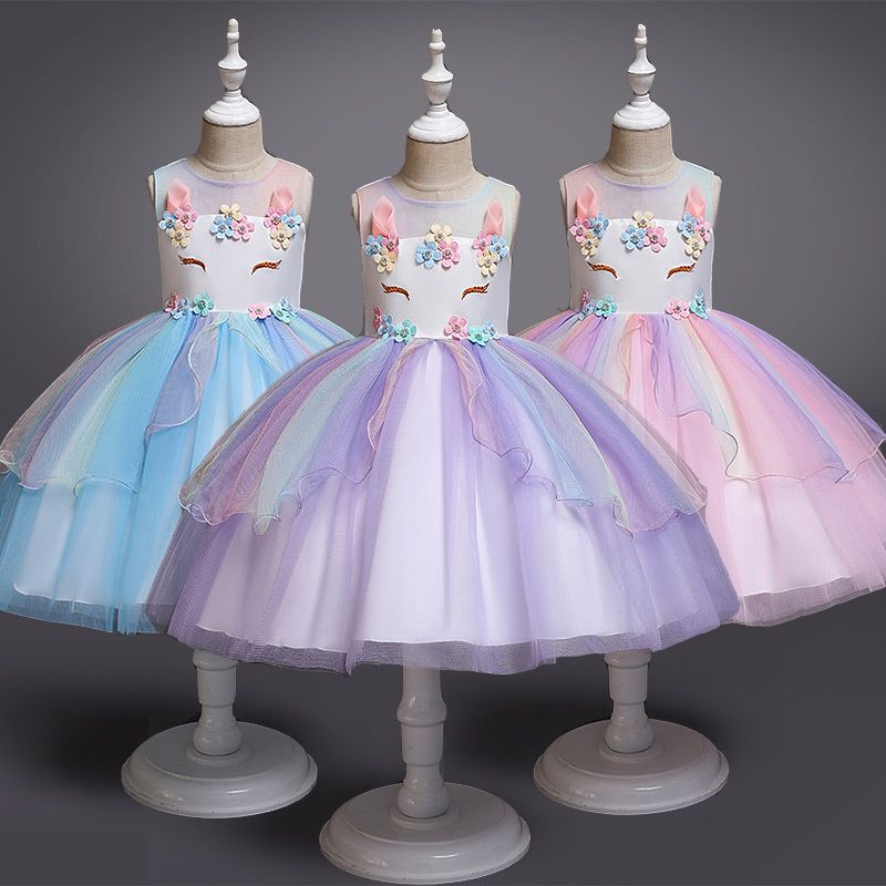 Hot Sale European & American Girl Children's Celebration Party Dress Girl's Wedding Evenings Dress Unicorn Mesh Rainbow Fluffy Princess Girl Long Skirt Daughters Classmates Friends Gift Clothing