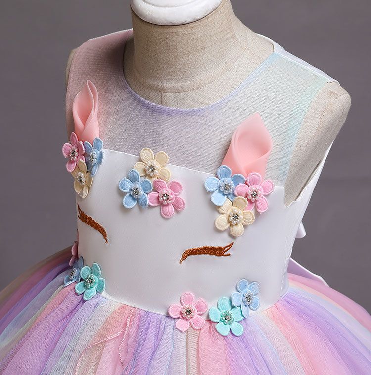 Hot Sale European & American Girl Children's Celebration Party Dress Girl's Wedding Evenings Dress Unicorn Mesh Rainbow Fluffy Princess Girl Long Skirt Daughters Classmates Friends Gift Clothing