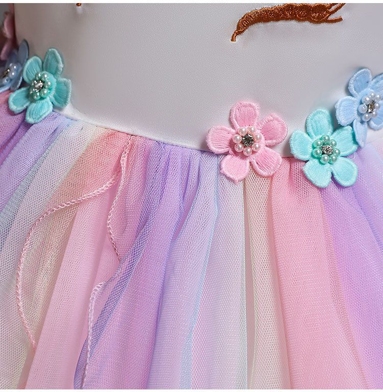 Hot Sale European & American Girl Children's Celebration Party Dress Girl's Wedding Evenings Dress Unicorn Mesh Rainbow Fluffy Princess Girl Long Skirt Daughters Classmates Friends Gift Clothing