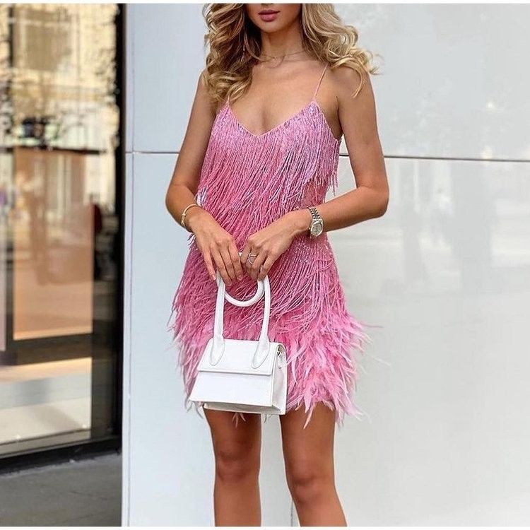 African Fashion Tassel Sequins Party Women's Evening Dress Multicolor Birthday Party Sexy V-neck Lace up Feather Splice Women's Casual Dress Concert Girls' Classmates sisters Shopping Dress