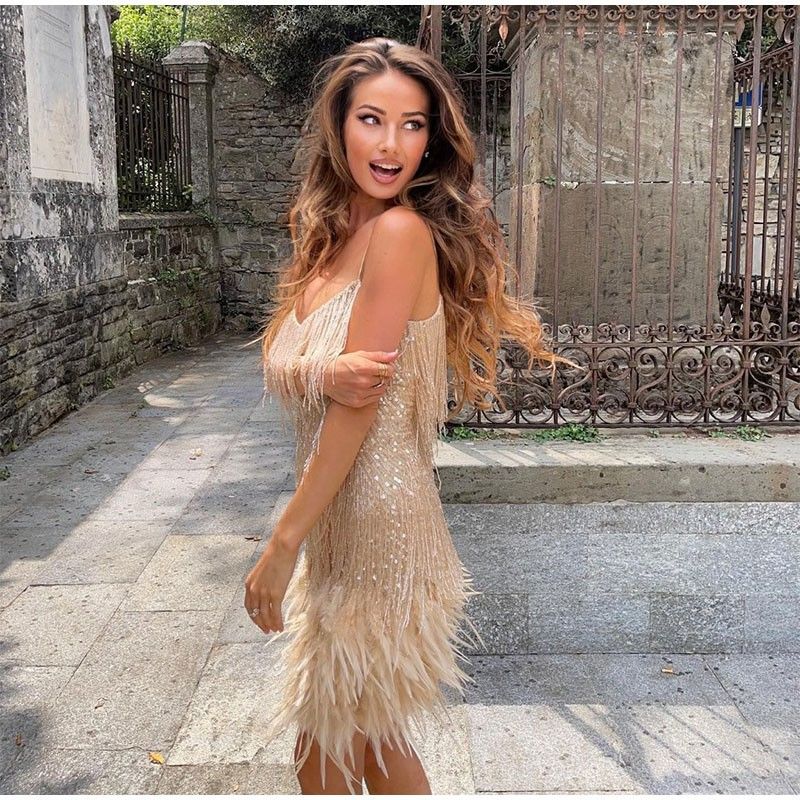 African Fashion Tassel Sequins Party Women's Evening Dress Multicolor Birthday Party Sexy V-neck Lace up Feather Splice Women's Casual Dress Concert Girls' Classmates sisters Shopping Dress