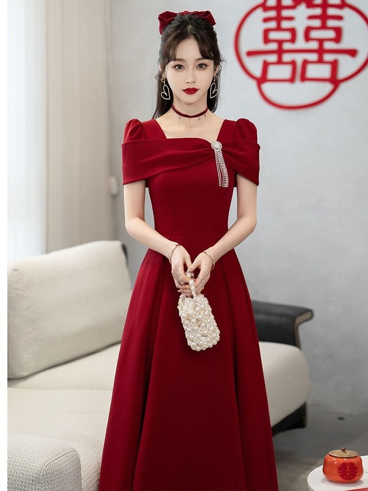 2024 Africa Summer Wedding Toast Bride Engagement Wine Red Dress French High-end Evening Dress Three-dimensional Cutting Technology Diamond Elements Elegant Style