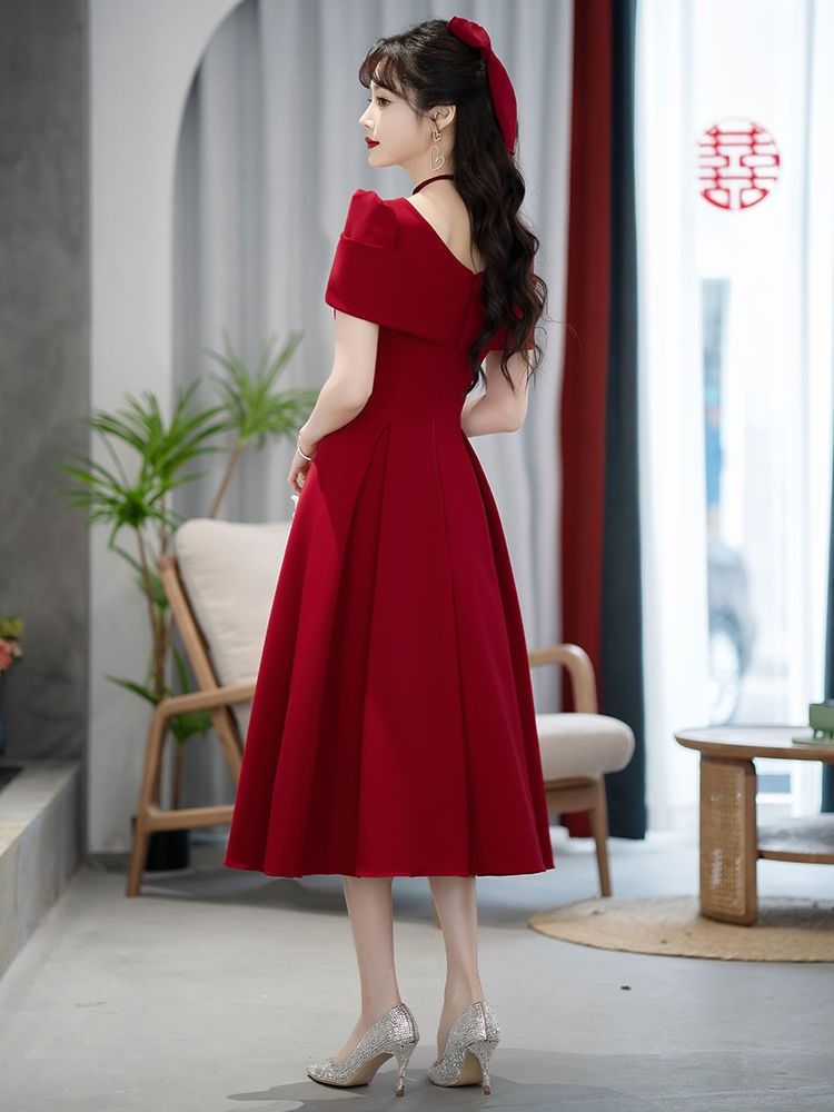 2024 Africa Summer Wedding Toast Bride Engagement Wine Red Dress French High-end Evening Dress Three-dimensional Cutting Technology Diamond Elements Elegant Style