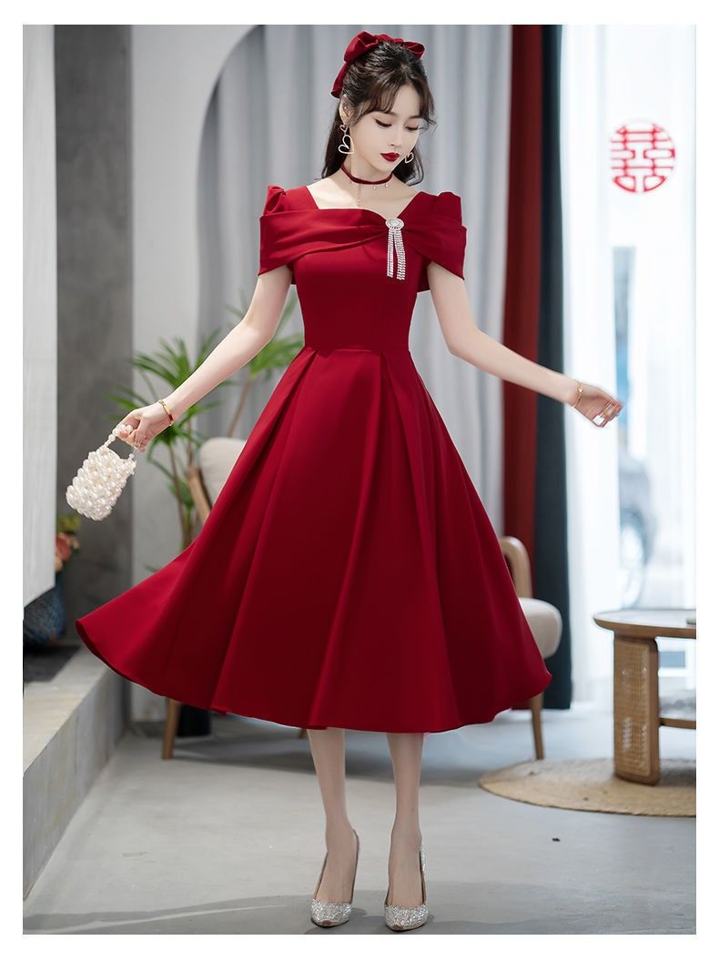 2024 Africa Summer Wedding Toast Bride Engagement Wine Red Dress French High-end Evening Dress Three-dimensional Cutting Technology Diamond Elements Elegant Style