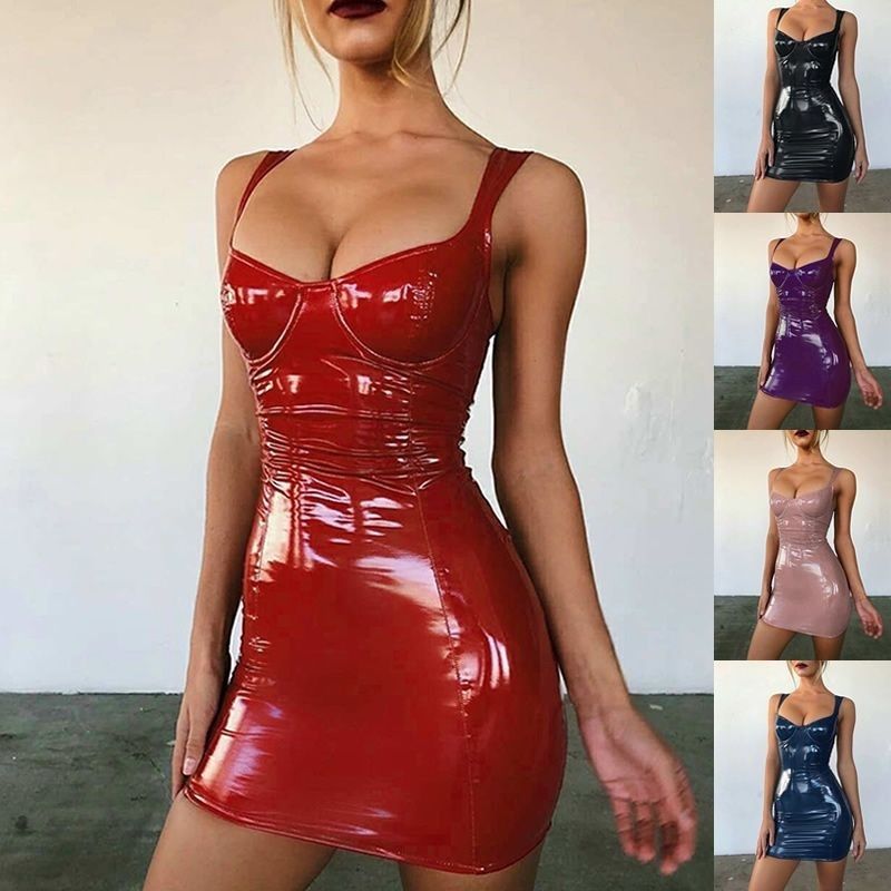Slim Fit Lady Evening Dress PU Leather Hip Fit Lady Gallus Skirt Girls Party Dress Night Club DressSexy Nightclub Bounce Celebrity Goddess Bright Light Wrapped Chest Strap Waist Wrapped Slim PU Leathe