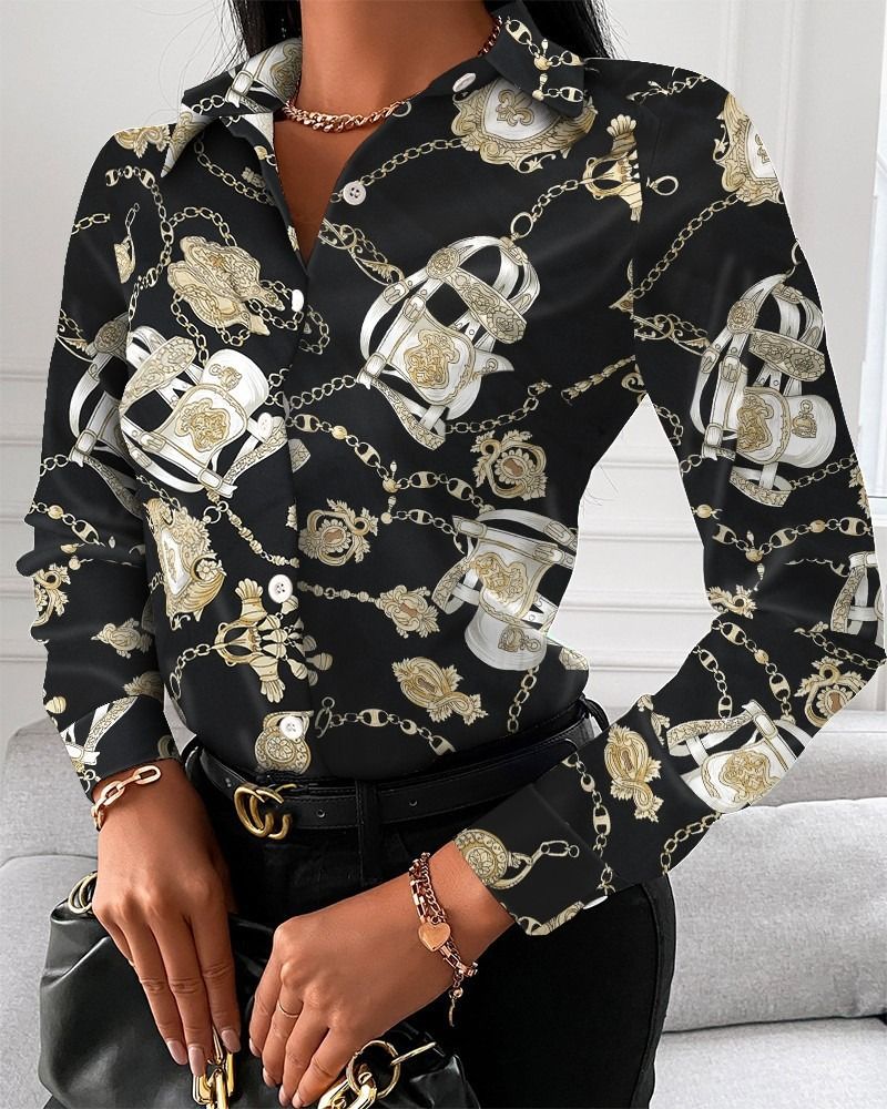 Women Office Work Blouse Shirts Female Elegant Polyester Long Sleeve Flower Blouse Party Lady Blouse Spring / Autumn Long-sleeved Temperament Elegant Single-breasted Cardigan Shirt