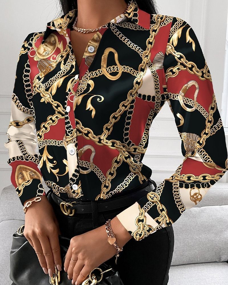 Women Office Work Blouse Shirts Female Elegant Polyester Long Sleeve Flower Blouse Party Lady Blouse Spring / Autumn Long-sleeved Temperament Elegant Single-breasted Cardigan Shirt