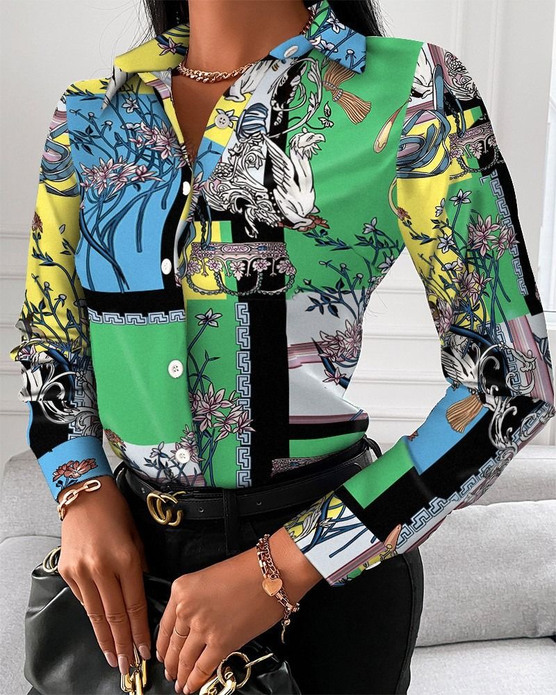Women Office Work Blouse Shirts Female Elegant Polyester Long Sleeve Flower Blouse Party Lady Blouse Spring / Autumn Long-sleeved Temperament Elegant Single-breasted Cardigan Shirt