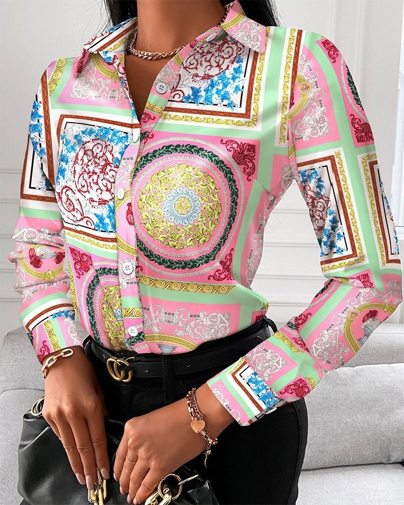 Women Office Work Blouse Shirts Female Elegant Polyester Long Sleeve Flower Blouse Party Lady Blouse Spring / Autumn Long-sleeved Temperament Elegant Single-breasted Cardigan Shirt