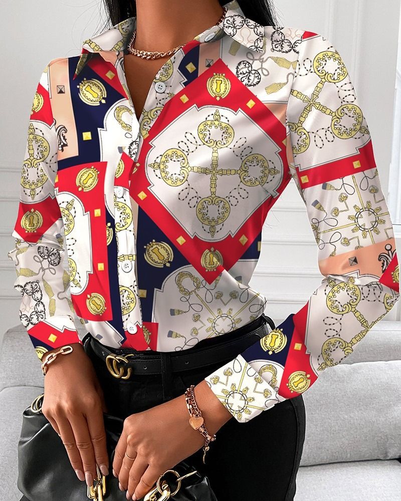 Women Office Work Blouse Shirts Female Elegant Polyester Long Sleeve Flower Blouse Party Lady Blouse Spring / Autumn Long-sleeved Temperament Elegant Single-breasted Cardigan Shirt