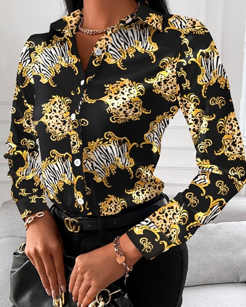 Women Office Work Blouse Shirts Female Elegant Polyester Long Sleeve Flower Blouse Party Lady Blouse Spring / Autumn Long-sleeved Temperament Elegant Single-breasted Cardigan Shirt