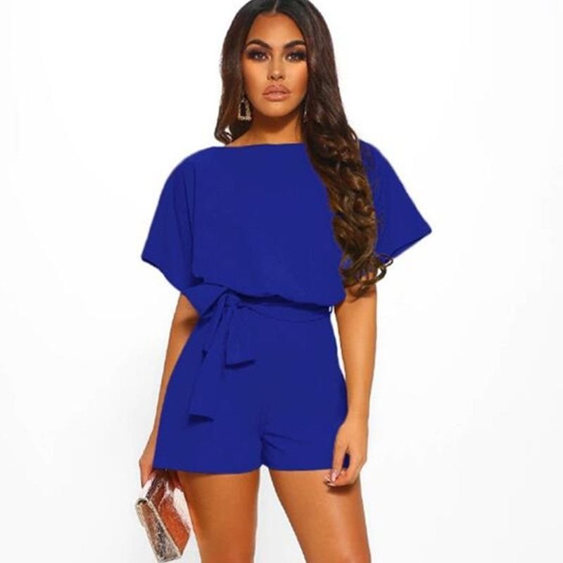 European American Summer New Women Suit Solid Color Slant Neck Short sleeve loose Lady Jumpsuit Office Lady Casual Formal Dress Girls Work Suit