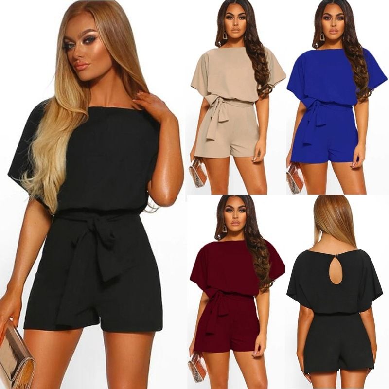European American Summer New Women Suit Solid Color Slant Neck Short sleeve loose Lady Jumpsuit Office Lady Casual Formal Dress Girls Work Suit