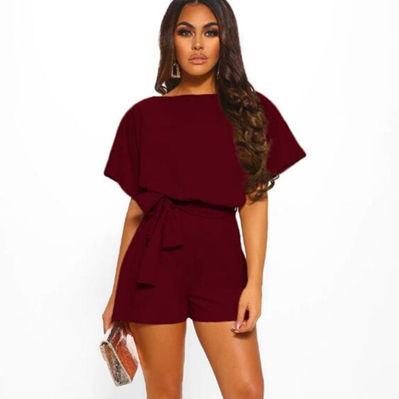 European American Summer New Women Suit Solid Color Slant Neck Short sleeve loose Lady Jumpsuit Office Lady Casual Formal Dress Girls Work Suit