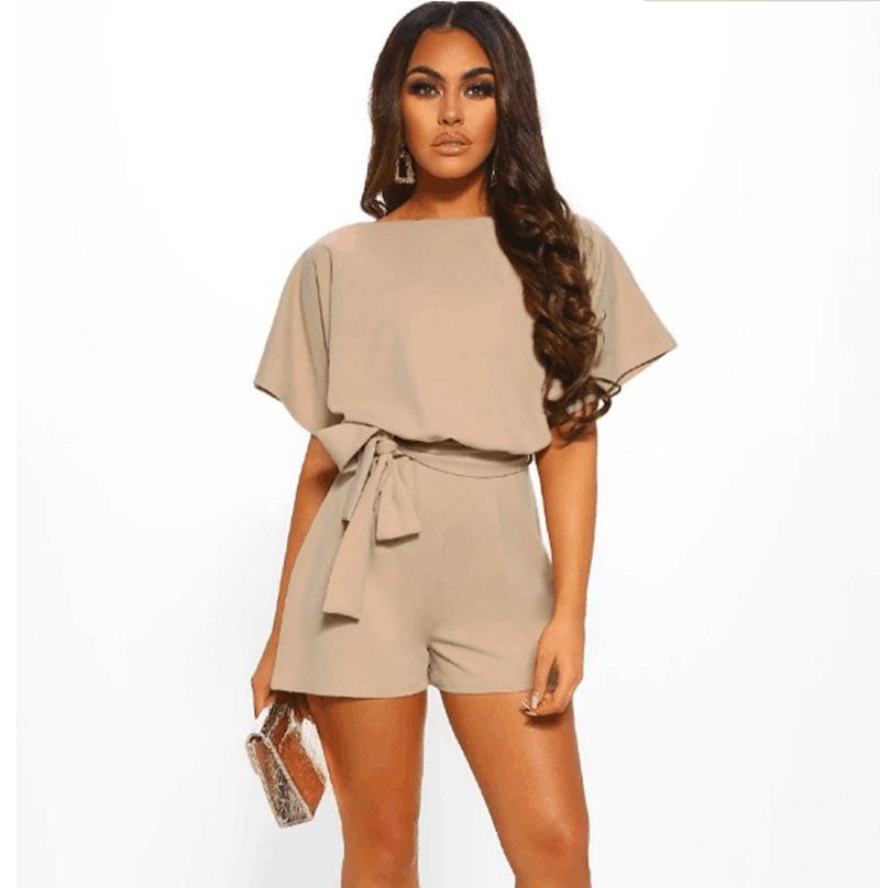 European American Summer New Women Suit Solid Color Slant Neck Short sleeve loose Lady Jumpsuit Office Lady Casual Formal Dress Girls Work Suit
