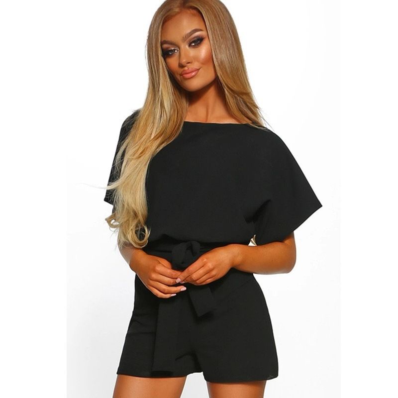European American Summer New Women Suit Solid Color Slant Neck Short sleeve loose Lady Jumpsuit Office Lady Casual Formal Dress Girls Work Suit