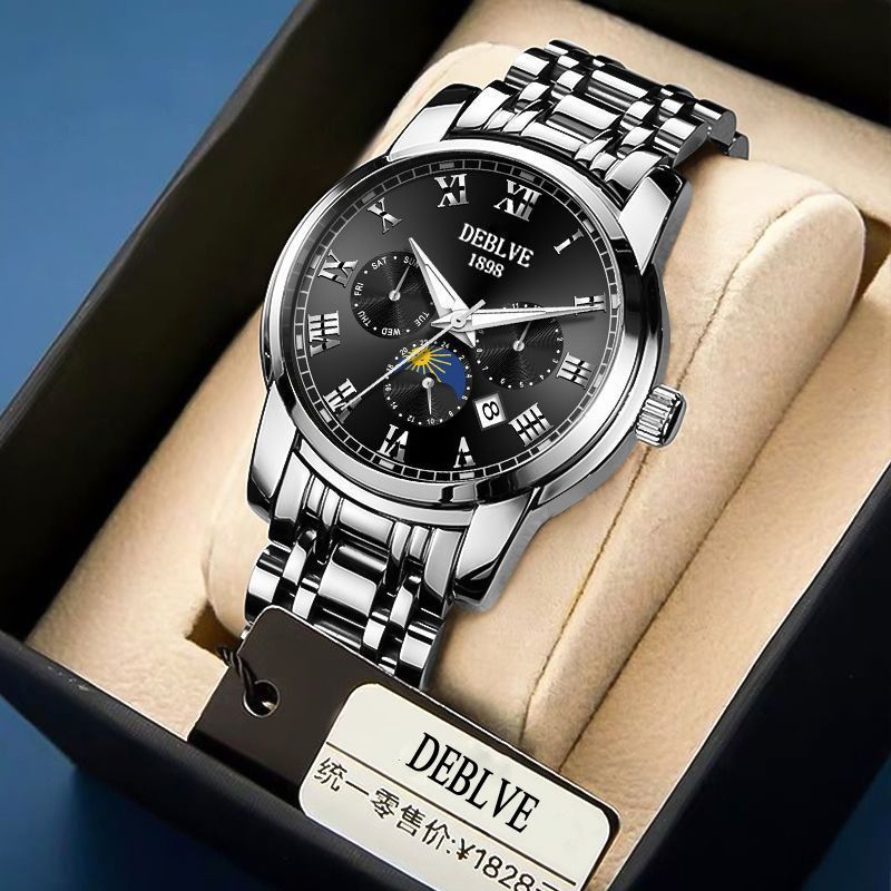 2024 African Popular New Men's Steel Band Quartz Watch Fashion Automatic Non-mechanical Steel Belt Imitation Multi-functional Student Fashion Watch Selling Calendar Glow-in-the-dark Sport Style