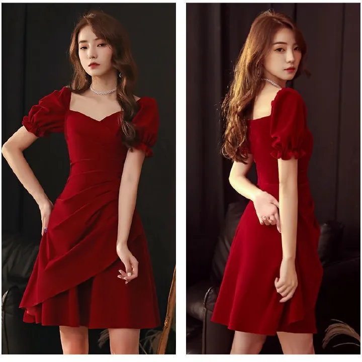 2024 Africa Europe Evening Dress Toast Brides Small Evening Dress Wedding Usually Wear Wine Red Dress Spring / Summer Solid Color Elements Three-dimensional Cut Waist Design Fashion Elegant