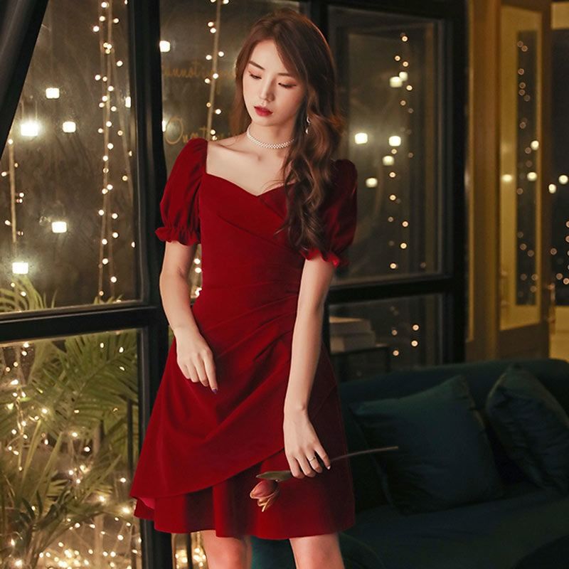 2024 Africa Europe Evening Dress Toast Brides Small Evening Dress Wedding Usually Wear Wine Red Dress Spring / Summer Solid Color Elements Three-dimensional Cut Waist Design Fashion Elegant