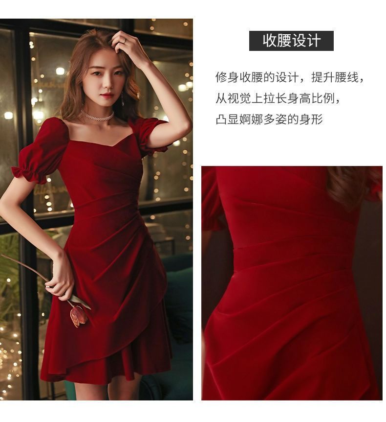 2024 Africa Europe Evening Dress Toast Brides Small Evening Dress Wedding Usually Wear Wine Red Dress Spring / Summer Solid Color Elements Three-dimensional Cut Waist Design Fashion Elegant