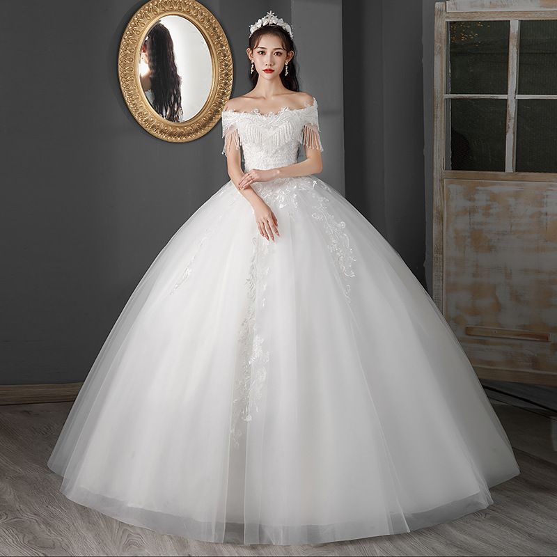 One-Shoulder Wedding Dress 2024 New Bride Style Starry Sky Princess French Style Small Stature Exquisite Lace And Jewelry Embellishment Elegant And Charming Temperament Bride