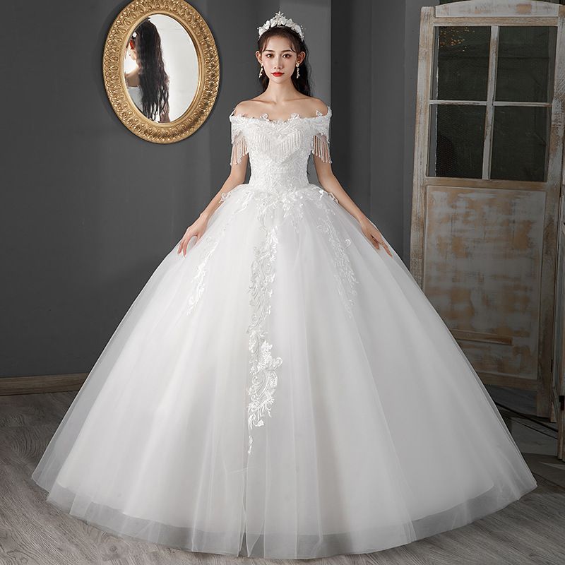 One-Shoulder Wedding Dress 2024 New Bride Style Starry Sky Princess French Style Small Stature Exquisite Lace And Jewelry Embellishment Elegant And Charming Temperament Bride