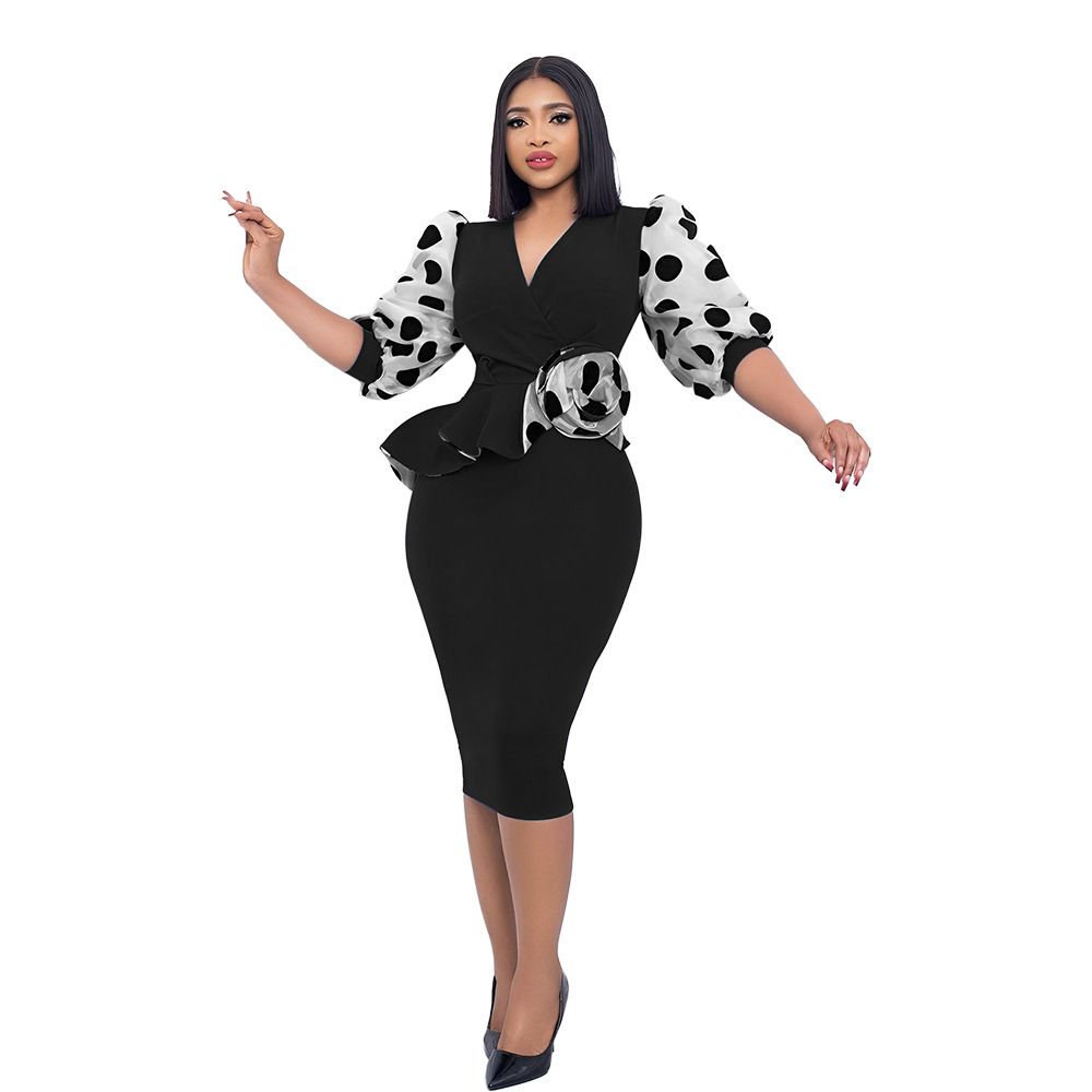 2024 New Summer African New Style Elegant Mesh Spliced V-neck Wrap Hip Dress Bubble Sleeves Pencil Dress Women's Elegant Evening Dress Professional Dress