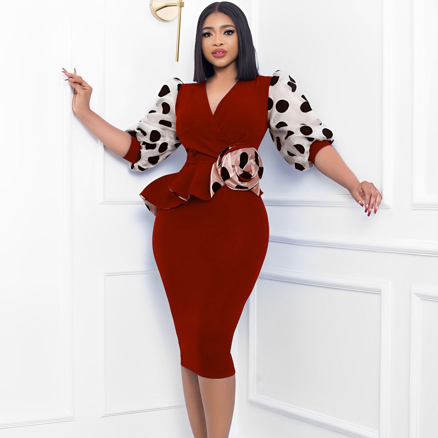 2024 New Summer African New Style Elegant Mesh Spliced V-neck Wrap Hip Dress Bubble Sleeves Pencil Dress Women's Elegant Evening Dress Professional Dress