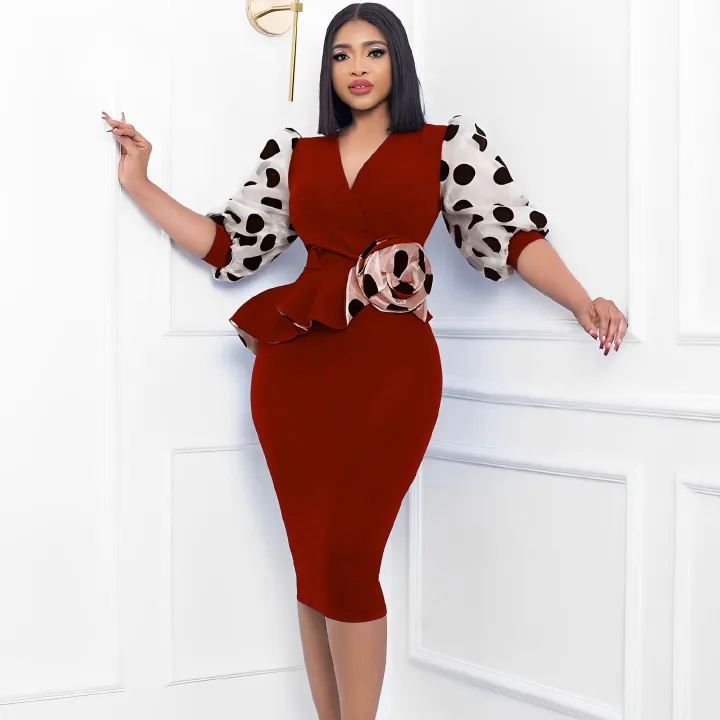 2024 New Summer African New Style Elegant Mesh Spliced V-neck Wrap Hip Dress Bubble Sleeves Pencil Dress Women's Elegant Evening Dress Professional Dress