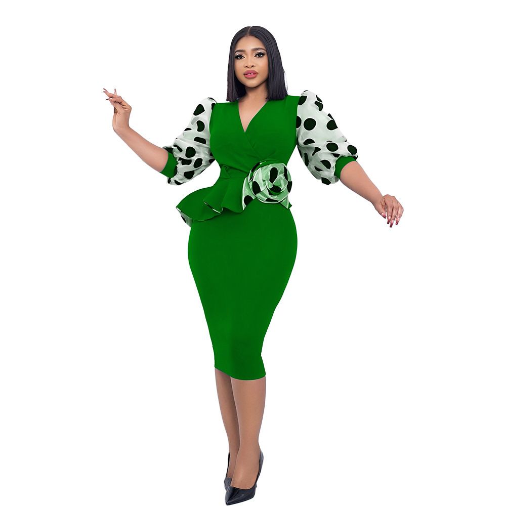 2024 New Summer African New Style Elegant Mesh Spliced V-neck Wrap Hip Dress Bubble Sleeves Pencil Dress Women's Elegant Evening Dress Professional Dress