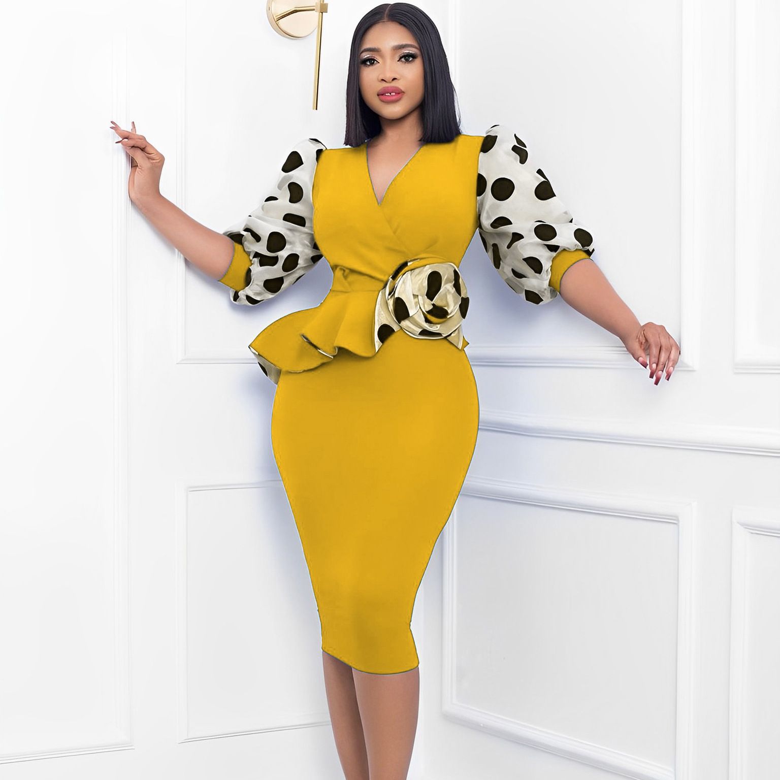 2024 New Summer African New Style Elegant Mesh Spliced V-neck Wrap Hip Dress Bubble Sleeves Pencil Dress Women's Elegant Evening Dress Professional Dress