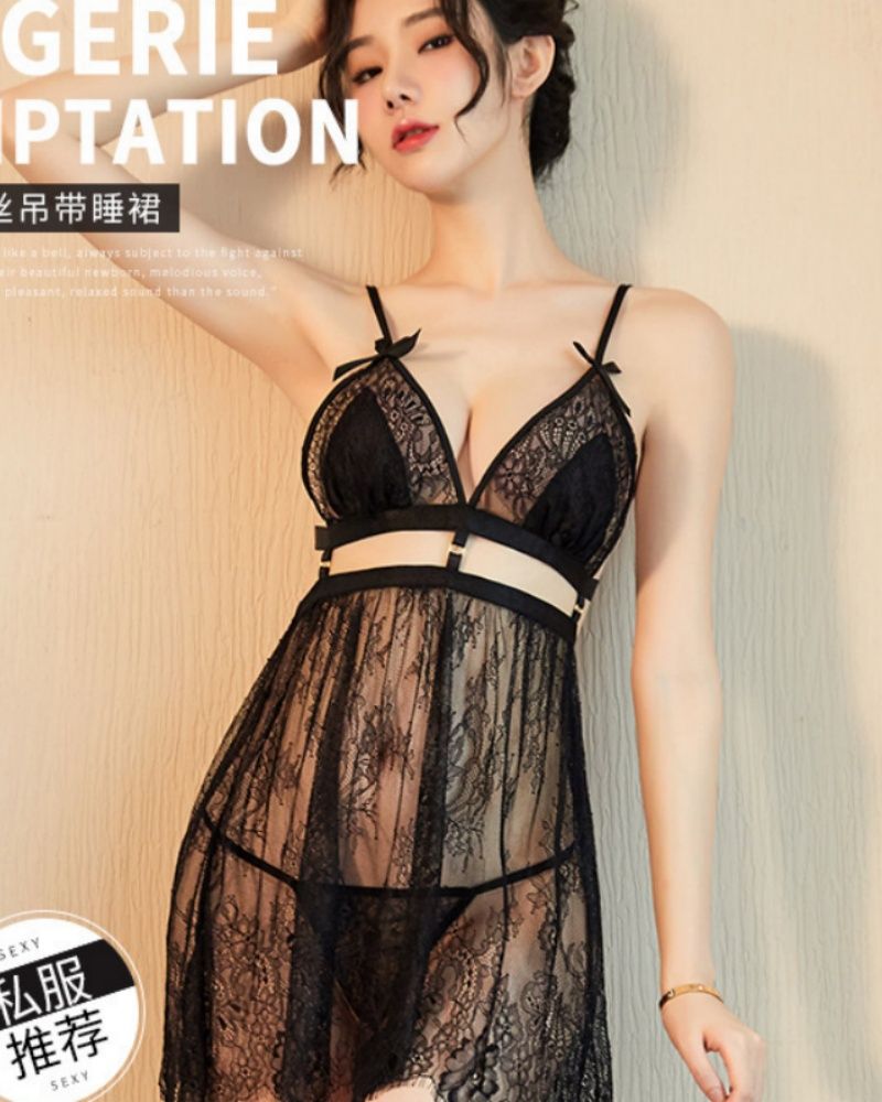 Hot And Sexy Mesh Suspender With Deep V-Shaped Lace Pajamas Fairy Sexy Lingerie Transparent Seductive Stockings Nightgown Hot And Passionate Seductive Wife And Girlfriend Secret Gift