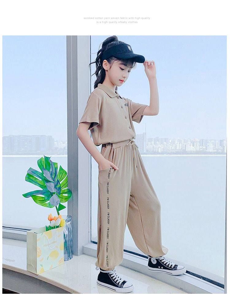 2024 Africa Summer New Girls' Suit Casual Polo Collar Short-sleeved Ice Silk Pants two-piece Fashion Comfortable Soft Simple Fashion Soft Handling Process Suits Casual Style Girls Birthday Gift