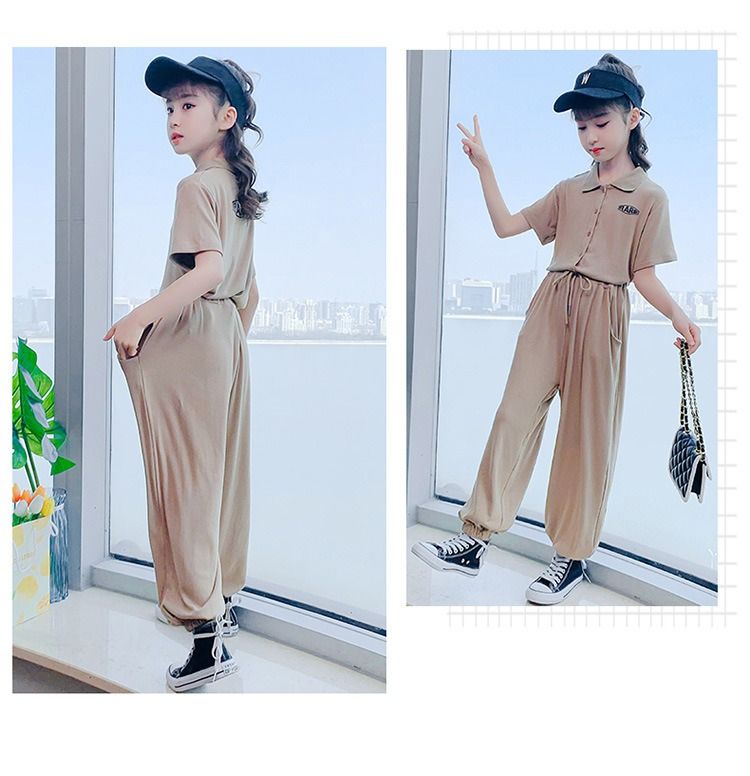 2024 Africa Summer New Girls' Suit Casual Polo Collar Short-sleeved Ice Silk Pants two-piece Fashion Comfortable Soft Simple Fashion Soft Handling Process Suits Casual Style Girls Birthday Gift