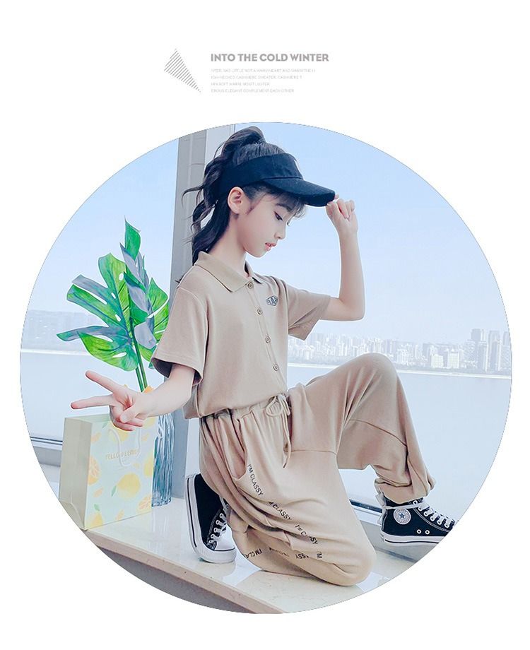 2024 Africa Summer New Girls' Suit Casual Polo Collar Short-sleeved Ice Silk Pants two-piece Fashion Comfortable Soft Simple Fashion Soft Handling Process Suits Casual Style Girls Birthday Gift