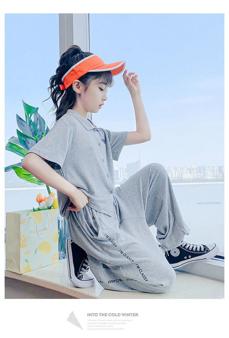 2024 Africa Summer New Girls' Suit Casual Polo Collar Short-sleeved Ice Silk Pants two-piece Fashion Comfortable Soft Simple Fashion Soft Handling Process Suits Casual Style Girls Birthday Gift