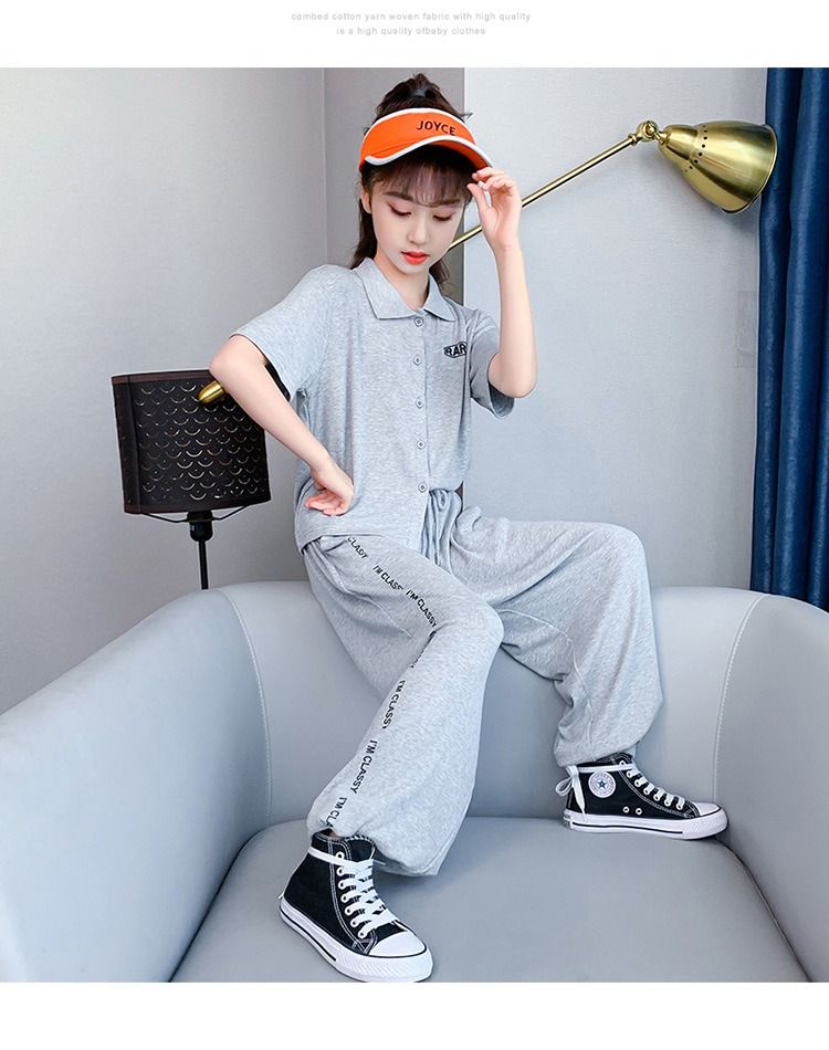 2024 Africa Summer New Girls' Suit Casual Polo Collar Short-sleeved Ice Silk Pants two-piece Fashion Comfortable Soft Simple Fashion Soft Handling Process Suits Casual Style Girls Birthday Gift