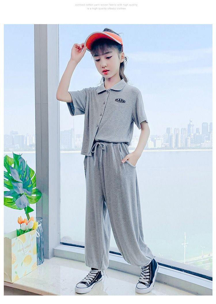 2024 Africa Summer New Girls' Suit Casual Polo Collar Short-sleeved Ice Silk Pants two-piece Fashion Comfortable Soft Simple Fashion Soft Handling Process Suits Casual Style Girls Birthday Gift