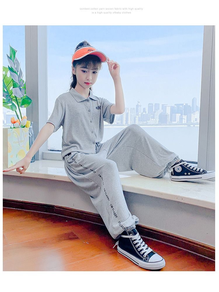 2024 Africa Summer New Girls' Suit Casual Polo Collar Short-sleeved Ice Silk Pants two-piece Fashion Comfortable Soft Simple Fashion Soft Handling Process Suits Casual Style Girls Birthday Gift