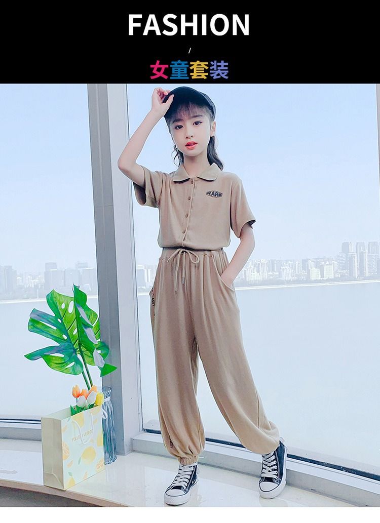 2024 Africa Summer New Girls' Suit Casual Polo Collar Short-sleeved Ice Silk Pants two-piece Fashion Comfortable Soft Simple Fashion Soft Handling Process Suits Casual Style Girls Birthday Gift