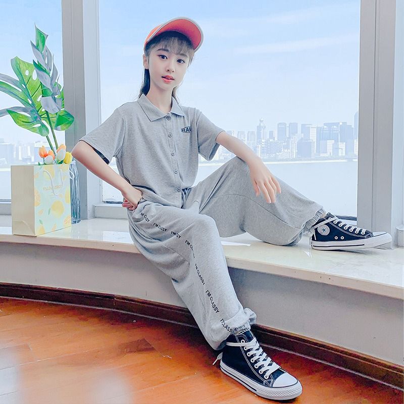 2024 Africa Summer New Girls' Suit Casual Polo Collar Short-sleeved Ice Silk Pants two-piece Fashion Comfortable Soft Simple Fashion Soft Handling Process Suits Casual Style Girls Birthday Gift