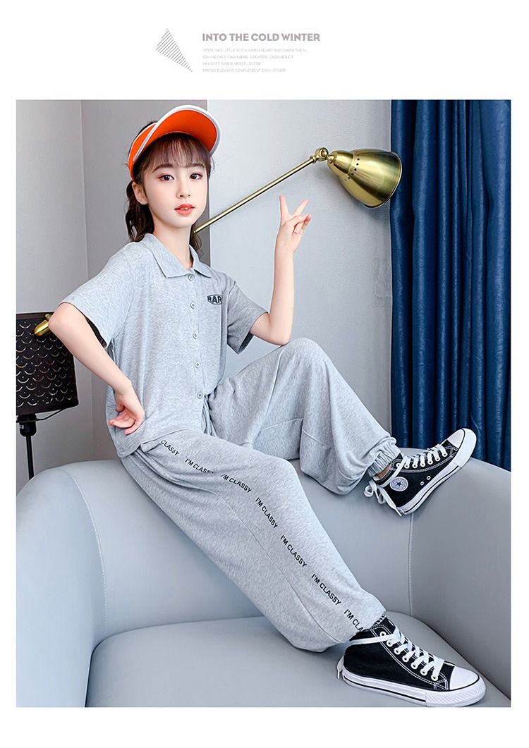 2024 Africa Summer New Girls' Suit Casual Polo Collar Short-sleeved Ice Silk Pants two-piece Fashion Comfortable Soft Simple Fashion Soft Handling Process Suits Casual Style Girls Birthday Gift