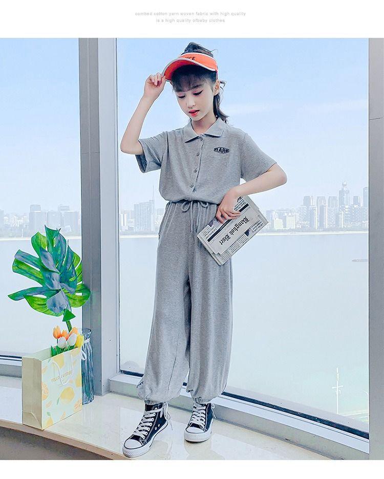 2024 Africa Summer New Girls' Suit Casual Polo Collar Short-sleeved Ice Silk Pants two-piece Fashion Comfortable Soft Simple Fashion Soft Handling Process Suits Casual Style Girls Birthday Gift