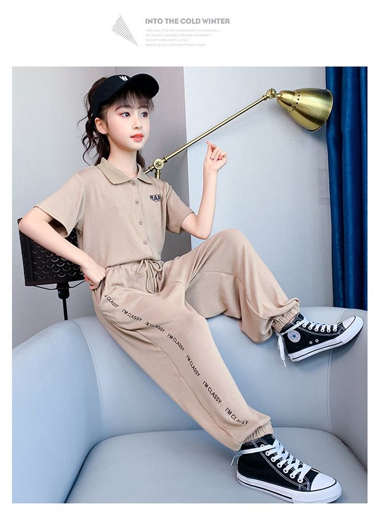 2024 Africa Summer New Girls' Suit Casual Polo Collar Short-sleeved Ice Silk Pants two-piece Fashion Comfortable Soft Simple Fashion Soft Handling Process Suits Casual Style Girls Birthday Gift