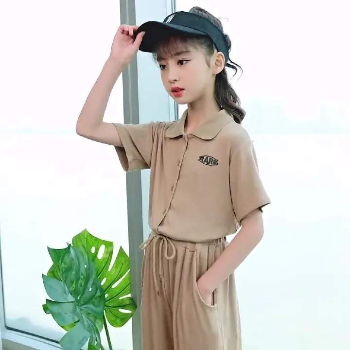 2024 Africa Summer New Girls' Suit Casual Polo Collar Short-sleeved Ice Silk Pants two-piece Fashion Comfortable Soft Simple Fashion Soft Handling Process Suits Casual Style Girls Birthday Gift