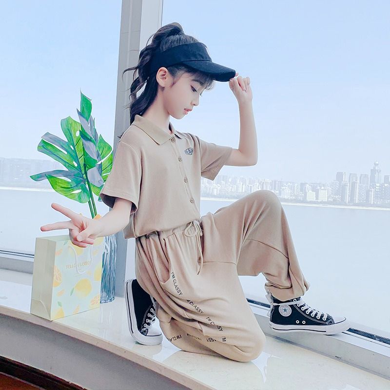 2024 Africa Summer New Girls' Suit Casual Polo Collar Short-sleeved Ice Silk Pants two-piece Fashion Comfortable Soft Simple Fashion Soft Handling Process Suits Casual Style Girls Birthday Gift